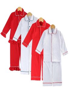 Barn PJS Girls Sleepwear Frill Pyjamas 100 bomullsknappar Up Solid Boys Christmas Pyjamas 21083029408188928