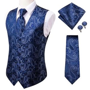 Hiie 20 Kolor jedwabnych kamizelki męskie krawat biznes formalny sukienka Slim Sleeveless kurtka 4pc Hanky ​​Cufflink Blue Paisley garnitur kamizelka 240312