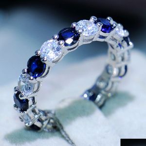 Anelli nuziali Victoria Wieck Gioielli di lusso 925 Sterling Sier Taglio rotondo Zaffiro blu Cz Didmond Enternity Pietre preziose Donne Engagemen Dhfbp