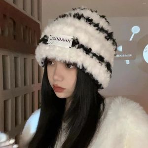 Berets Winter Fluffy Fur Striped Knitted Beanies Skullies Women Girl Plush Warm Ear Protection Cap Korean Ski Snow Bonnet