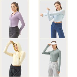 LU Yoga Outfits Langarm-Crop-Sonnenschutzjacke Creme Mädchen-Stil Reißverschluss Fiess UPF50+ Gym Top Activewear Laufmäntel Trainingskleidung Frau