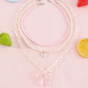 Pendant Necklaces Korea Pink Beaded Temperament Pearl Choker For Girls Ins Style Resin Transparent Butterfly Necklace Set Punk Jewelry