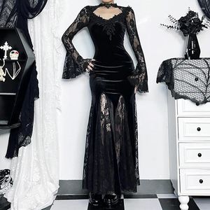 Casual Dresses Goth Dark Vintage Mall Gothic Elegant Lace Trumpet Grunge Aesthetic Punk V-neck Long Dress Women Slim Evening Alt Clothe