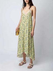 Casual Dresses Yellow Sling Dress Women spets sömmar blommor tryckt viskos ärmlös V-ringning kvinnlig oregelbunden midi mantel vår sommar