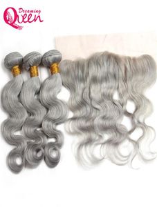 Grey Color Body Wave Ombre Brazilian Virgin Human Hair Weave Extension 3 szt. Z 13x4 koronkowym zamknięciem czołowym szary węzeł z 2676983