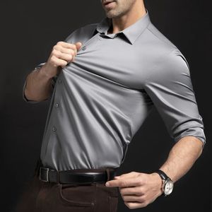 Terno masculino de manga comprida resistente a rugas, camisa de cor sólida de alta qualidade com seda e não passar roupa 240307