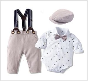 Bebê meninos cavalheiro conjuntos de roupas terno do bebê macacão bowtie suspender calças chapéus 4 pçs conjunto da criança bodysuit infantil roupas 7812192