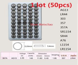 50PCS 1 LOT AG13 LR44 303 357 357A SR1154 SR44 A76 L1154 LR1154 155Vアルカリボタンセルバッテリーコインバッテリートレイ5317671