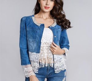 2019 New Jeans Jacket Women Casacos Feminino Slim Lace Patchwork Beading Denim Lady Elegant Vintage Jackets Coat Dropship WWJ084 Y6711630