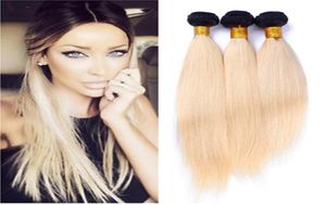 8A Ombre 613 Brazilian Virgin Hair 3 Bundles Straight Platinum Blonde Dark Roots Ombre Human Hair Extension Whole Remy H4503243
