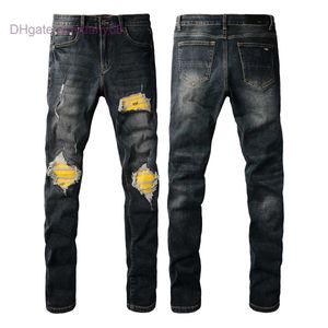 Designer Men's Jeans American Style High Street Distressed Yellow Patch Live Broadcast Blue Classic Stretch Jeans
