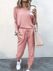 Womens Casual Track and Field Clothing 2024 Autumn Solid Loose Long Sleeved Pancered Pants Set Fashionable Ultra-Fin Womens Sportwear Two-Piece Set 240315