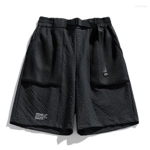 Shorts masculinos verão bolsos sólidos elástico carta impressão cintura alta esportes casual solto calças de trabalho vintage estilo preppy calças