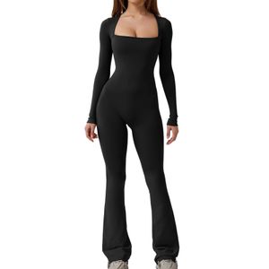 Kvinnor S Sexy Open Back Jumpsuit Square Neck Solid Color Leggings långärmad rak ben bred 240315