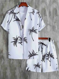 Homens Tracksuits Mens Camisa Set 3D Impresso Praia Coqueiro Simples Collar Manga Curta Casual Camisa de Praia Verão Roupas de Rua Hawaii Set Q240314