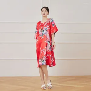 Women's Sleepwear Women Spring Summer Faux Silk Nightgown Lady Round Neck Mid Length Bathrobe Printing Sleep Dress Plus Size