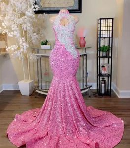 Pink Sequined Mermaid Prom Dresses For Black Girl Silver Applique Crystal Beaded Long Evening Dress Special Occasion Gowns BC18269