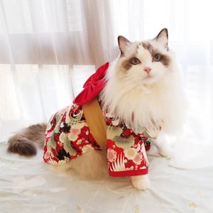 Japansk stil tunt katt hundrock kimono sommar husdjurskläder för katter hundar söta tryck med bow-knot kattunge sphynx kläddräkt 240315