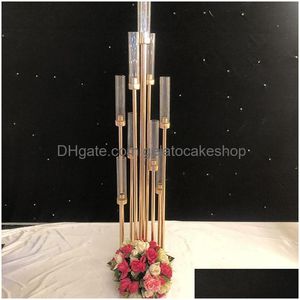 Świecane uchwyty QB 8 głowy Metal Candelabra Road Lead Table Centerpiece Gold Candelabrum Stojak Pillar Candlestick Wedding Drop Gelive Dhjqw