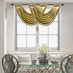 Curtains Gold Waterfall Valance Tier Curtain for Livingroom Luxury Beaded Jacquard Rod Pocket Scallop Header for Window Panel Drapes