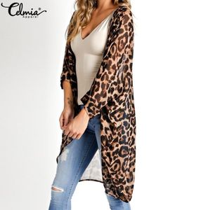 Celmia Summer Beach Leopard tryckt Kimono Cardigan Kvinnor täcker långa toppar Blus Löst skjorta Blusas Mujer plus storlek S5XL Y20067077841