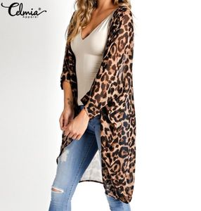 Celmia Summer Plajı Leopar Baskılı Kimono hırka kadınları örtbas uzun üstleri bluz gevşek gömlek blusas mujer artı S5XL y20067077841