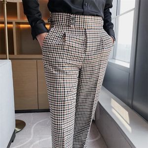 Estilo britânico dos homens de cintura alta vestido de negócios calças moda houndstooth escritório terno social calças casamento noivo casual calças 240305