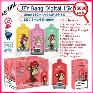 Розничная торговля UZY Bang Digital 15000 Puff Одноразовая электронная сигарета Vape Pen 0% 2% 3% 5% Прочность 20 мл Pod Vaper 850 мАч Светодиодный дисплей 15 тыс. Затяжек Vaper