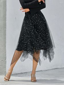 Skirts Women Sparkle Sequin Tulle Tutu Elastic High Waist Layered Mesh A Line Midi Skirt Party Night Out