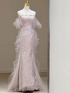 Runway Dresses Pink Shiny Strapless Celebrity Bead Sleeveless Off Shoulder Tulle Elegant Light Luxury Mermaid Toast Prom Evening Gowns