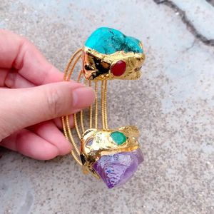 YYGEM Natural Purple Amethyst Druzy Green Turquoise Gold Plated Bangle Bracelet 240305