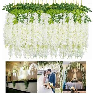 Flores decorativas flores artificiais simulação glicínias videira guirlandas planta pendurada para parede de casamento sala de festa astethic material decoração n0j1