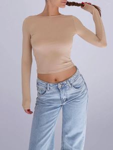 Mulheres Camisetas Y2K Manga Longa Backless Tie-Up Crop Tops Mulheres Primavera Outono Sólido Skinny Básico Slim Cortado Corte Sexy Fits