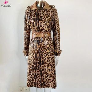 Casacos de Trench Femininos Volalo Outono Casaco para Mulheres Manga Longa Leopardo Double-breasted Windbreaker Moda Casual Slim Overcoat