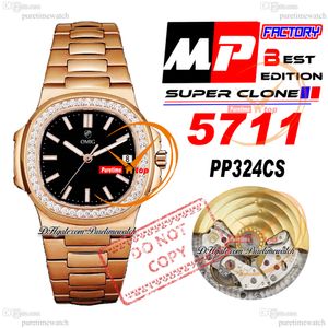 5711/1A CAL A324SC Automatic Mens Watch MPF Rose Gold Diamonds Bezel Black Texture Dial Stick Stainless steel bracelet Super Edition Reloj Hombre Puretimewatch PTPP