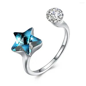 Cluster Rings 2024 Real Austria Crystal Element 925 Sterling Silver Blue Star And Moon Ring Luxury Fine Jewelry For Women