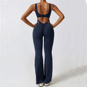 Kobiety Push Up trening Flare Jumpsuits Seksowna bez pleców siłownia bodycon scrunt butt joga rompers v Back Rompee Sportswear 240307