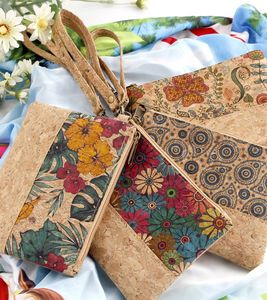 DHL100pcs Coin Purses Cork Leather Leaf Flower Geometry Printing Short Wallet With Wrist Mix Color