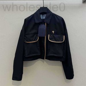 Women's Jackets designer 2024 Early Spring New Nanyou PRA Fashion Pocket Contrast Leather Edge Triangle Logo Flip Collar Short Coat TQH9
