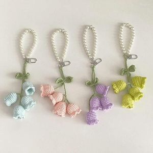 Keychains Creative Wool Crocheted Bolling Orchid Key Ring Ins Cute Girl Pearl Chain Handmade Knitted Bag Pendant Fashion Jewelry