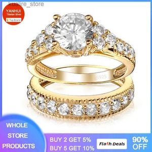 Cluster Anéis Alergia Livre Puro Amarelo Cor de Ouro Tibetano Anéis de Prata Conjunto de Alta Qualidade Cubic Zircon Anel Noiva Casamento Banda Set para Mulheres L240315