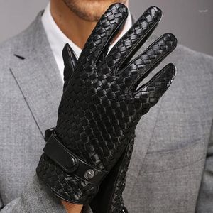 Модные мужские перчатки, новые высококачественные перчатки из натуральной кожи, однотонные перчатки из овчины на запястье, мужские зимние теплые перчатки для вождения13000