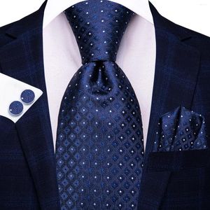 Bow Ties Hi-Tie Navy Blue Dot Mens Fashion Necktie Handkerchief Cufflinks For Tuxedo Accessory Classic Silk Luxury Tie Man Gift