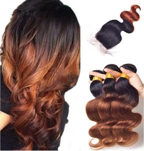 Ombre Cor 1B 33 Pacotes de Cabelo Humano Com Fechamento de Renda 4 Pçs / Lote Raiz Escura marrom 3 pacotes com Fechamento Para Mulher Negra2653221