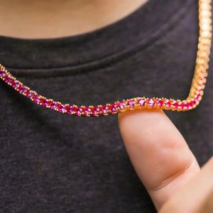 Rundklippta isade 3mm Ruby Pink Cubic Zirconia CZ Tennis Chain Hiphop Top Quality Gold Color Necklace Cool Men Boy SMYELLT 240311