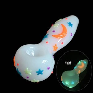 1pc,4in Colored Hand Drawn Glass Water Pipe,Cute Star Moon Pattern With Glow In Dark,Borosilicate Glass Bong,Glass Hookah,Smoking Accessaries