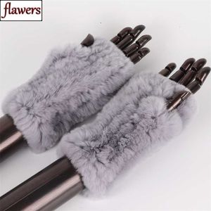 Kvinnor 100% verklig äkta stickad Rex Rabbit päls mittens vinter varma damfingerlösa handskar handgjorda stickade vanten 211026280s