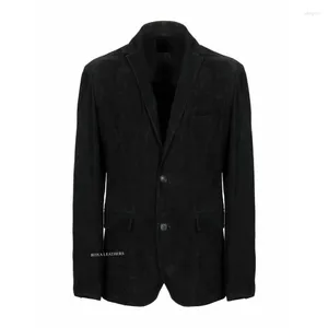 Kurtki męskie czarne modne, autentyczne zamszowe skórzane miękki płaszcz z dwoma guzikami
