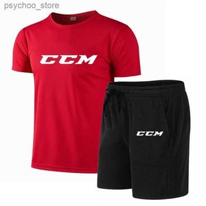 Tracki męskie Summer Mens Fitness moda męska swoboda odzieży sportowej Szybka suszenie odzież sportowa CCM krótkie rękawowe T-shirt+2-częściowy zestaw z krótkim rękawem Q240314