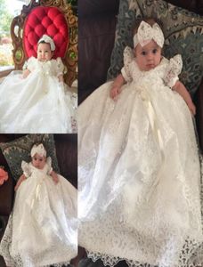 White Lace Princess Baby First Communion Dresses Pearls Beaded Short Sleeve Girls Dress With Ribbon Sashes Children Long Prom Part4572230